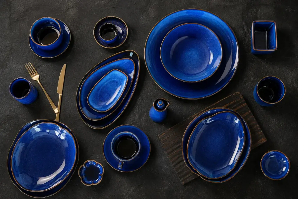 Deep blue tableware with tonal surface variation - full collection overview