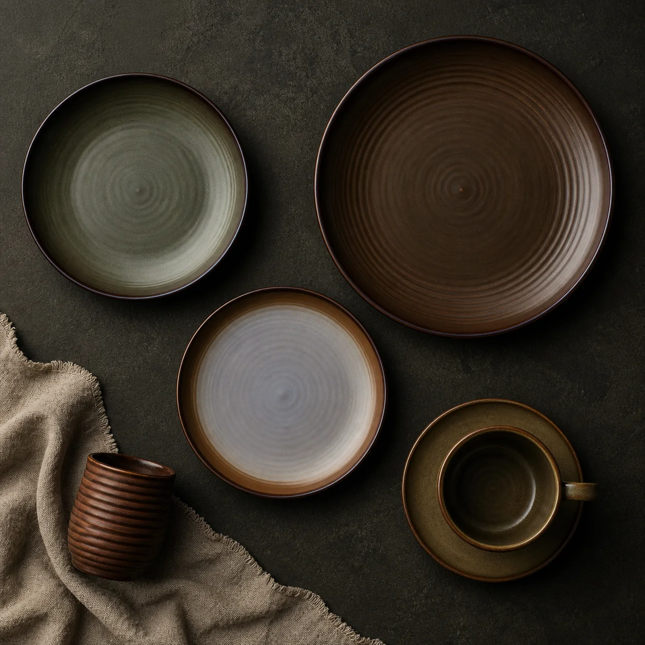 Earth-tone plates in brown and olive colouring - full collection overview