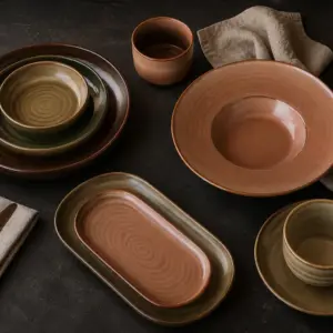 Earth-tone plates in brown and olive colouring - styled table scene