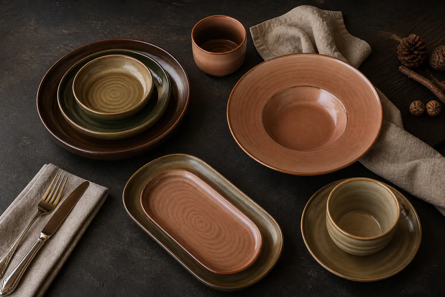 Earth-tone plates in brown and olive colouring - styled table scene