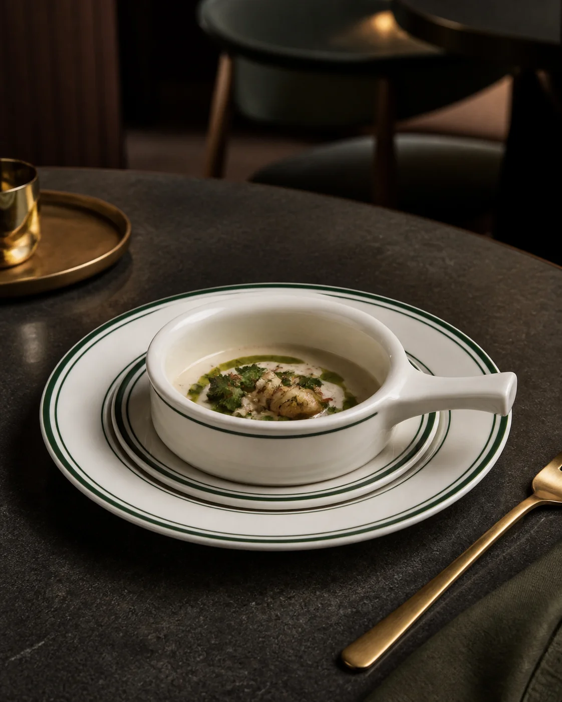 White tableware with fine-line rims, plates and cups - restaurant table application