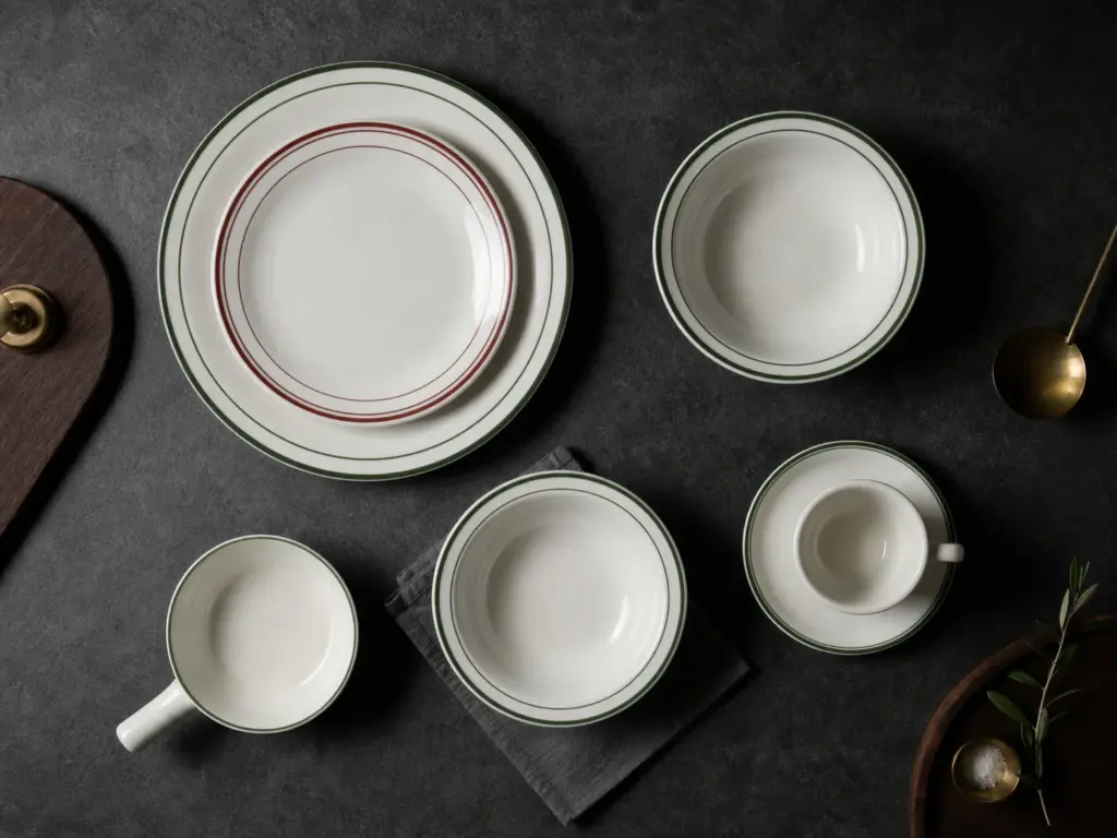 White tableware with fine-line rims, plates and cups - full collection overview
