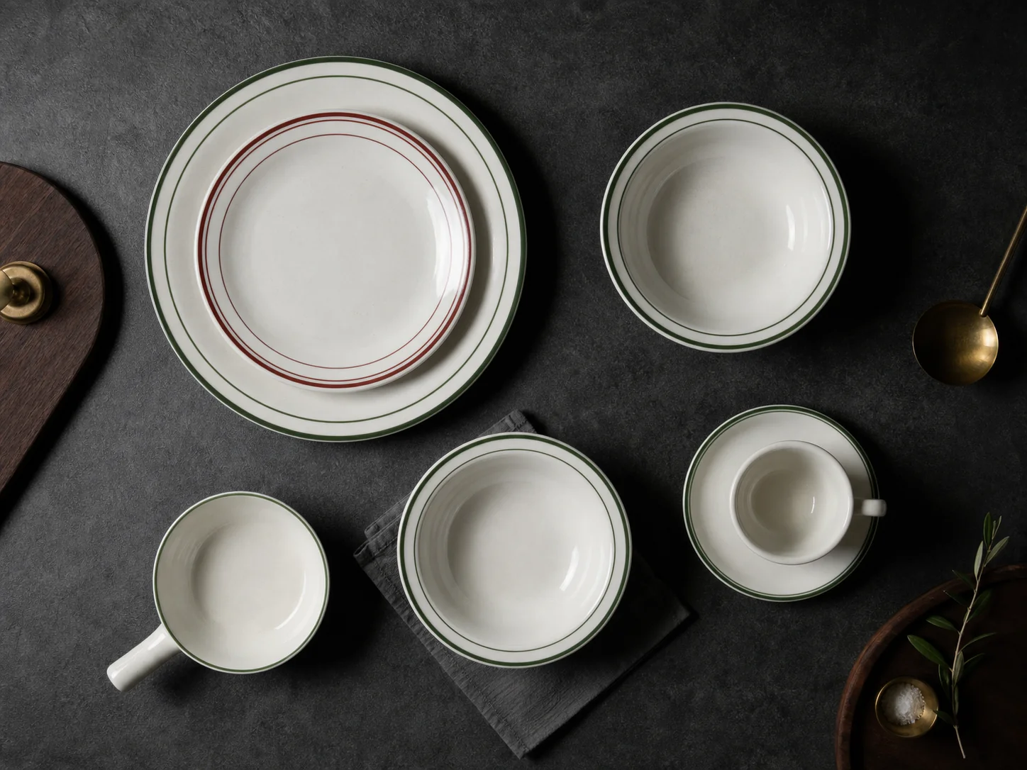 White tableware with fine-line rims, plates and cups - full collection overview