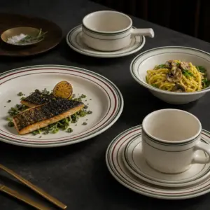 White tableware with fine-line rims, plates and cups - styled table scene