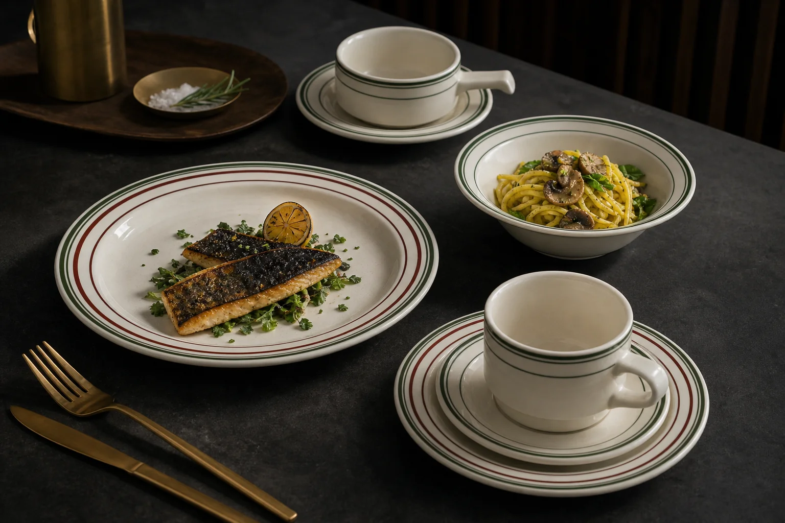 White tableware with fine-line rims, plates and cups - styled table scene