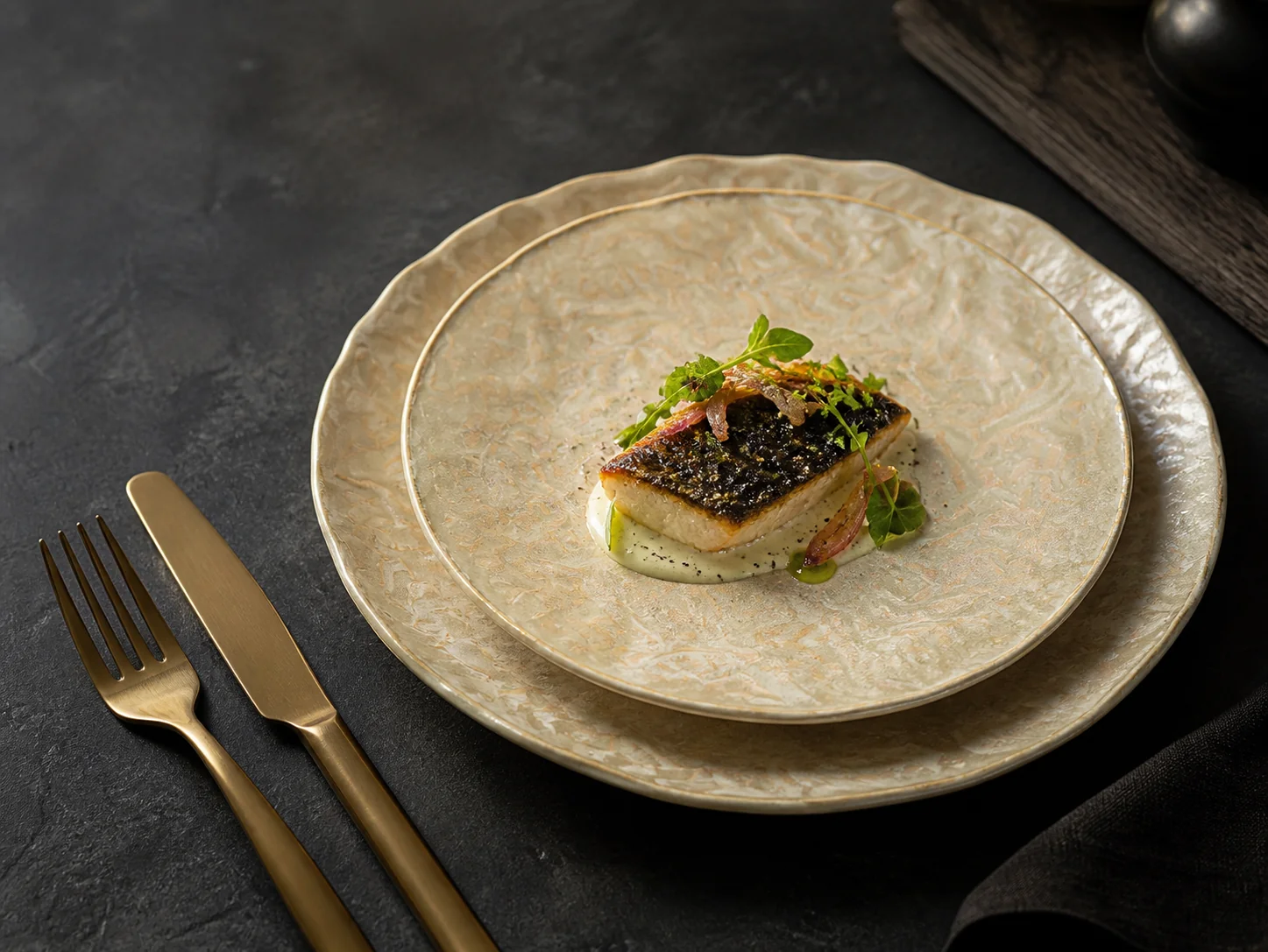 Cream and gold marble-effect presentation plates - styled table scene