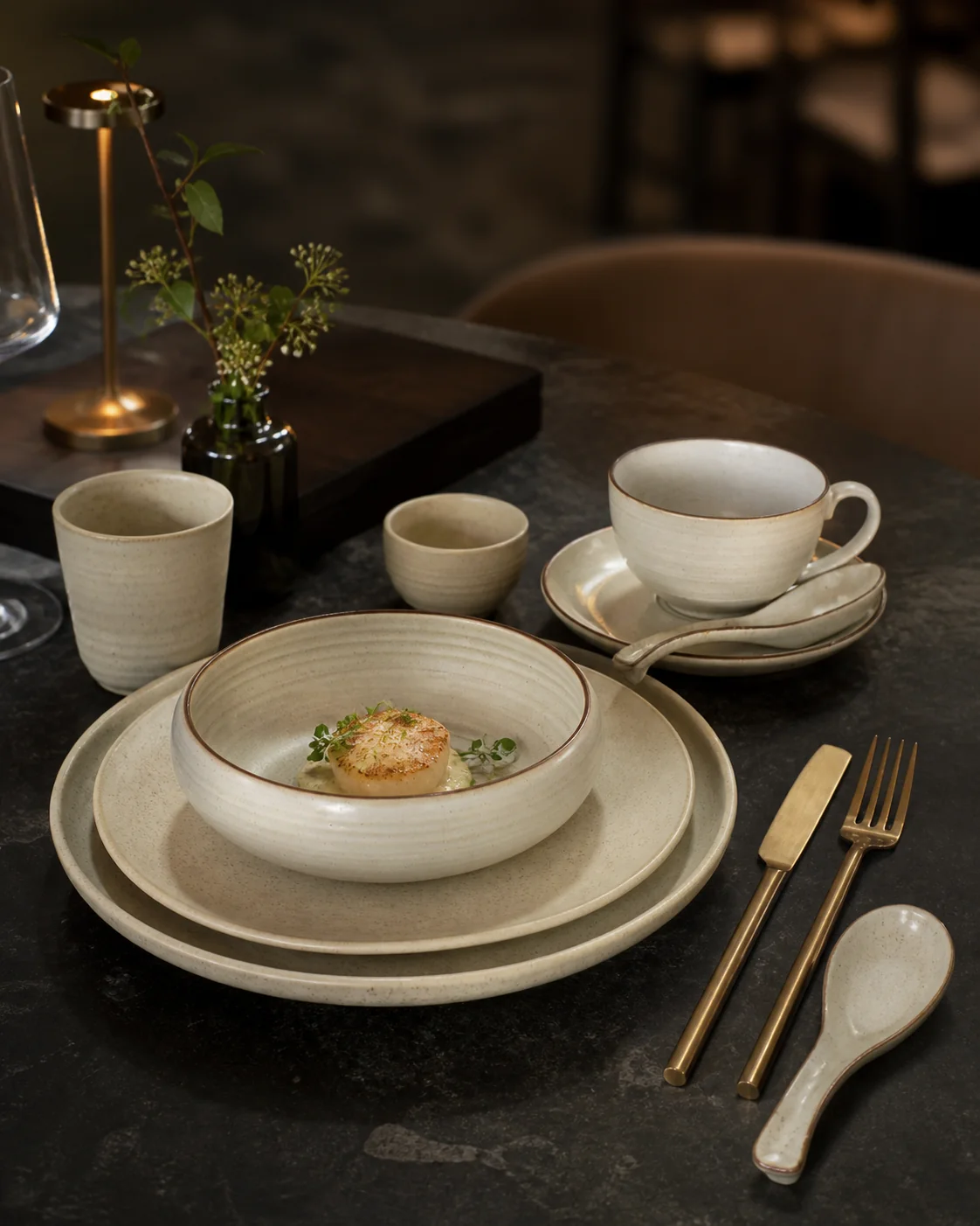 Ivory hotel tableware set with cups and bowls - restaurant table application