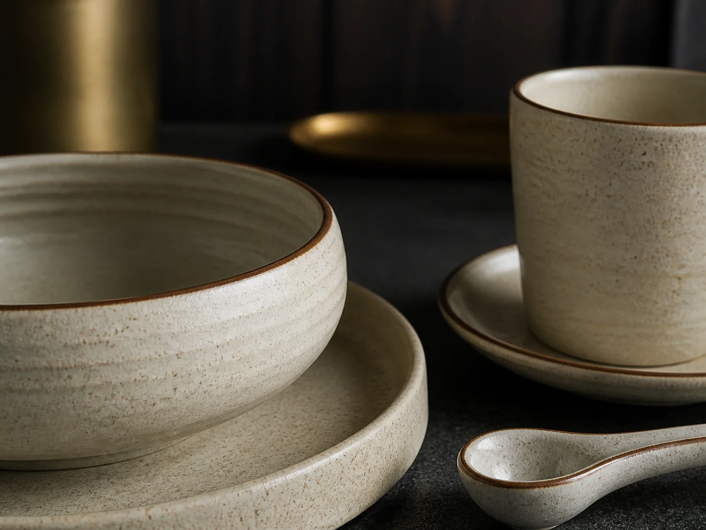 Ivory hotel tableware set with cups and bowls - surface and colour detail