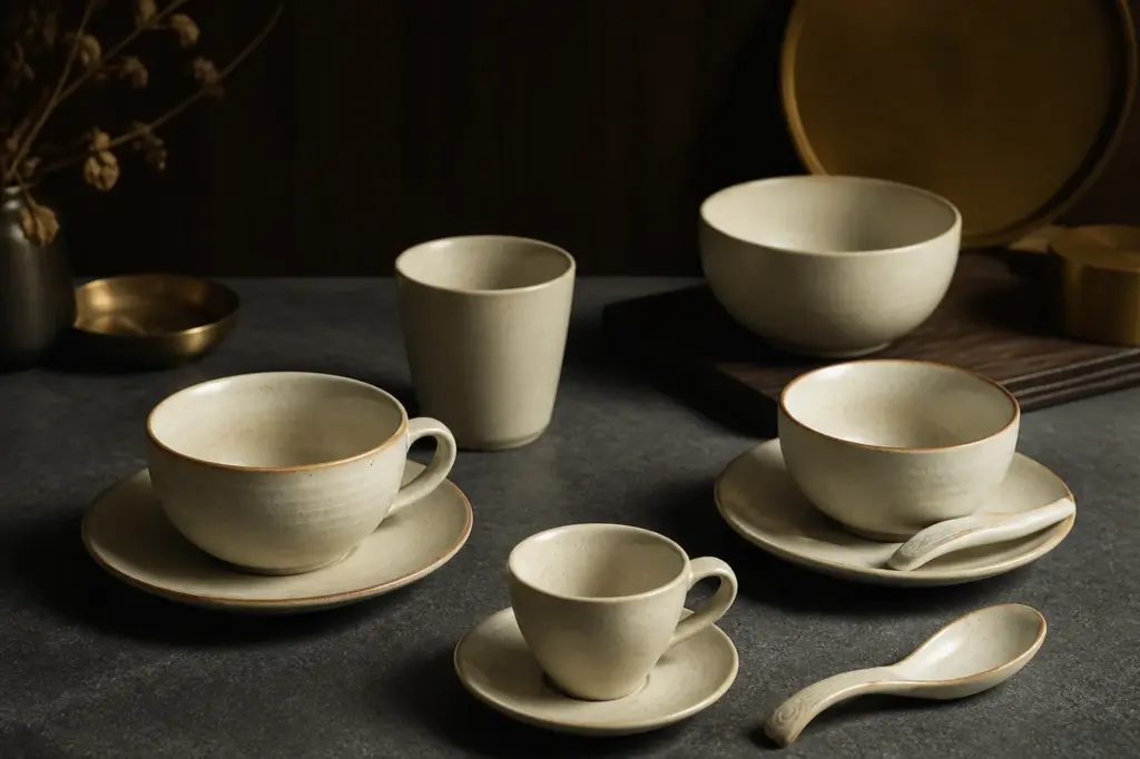 Ivory hotel tableware set with cups and bowls - styled table scene