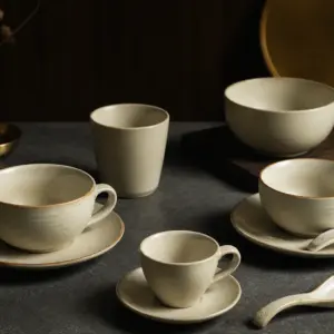 Ivory hotel tableware set with cups and bowls - styled table scene