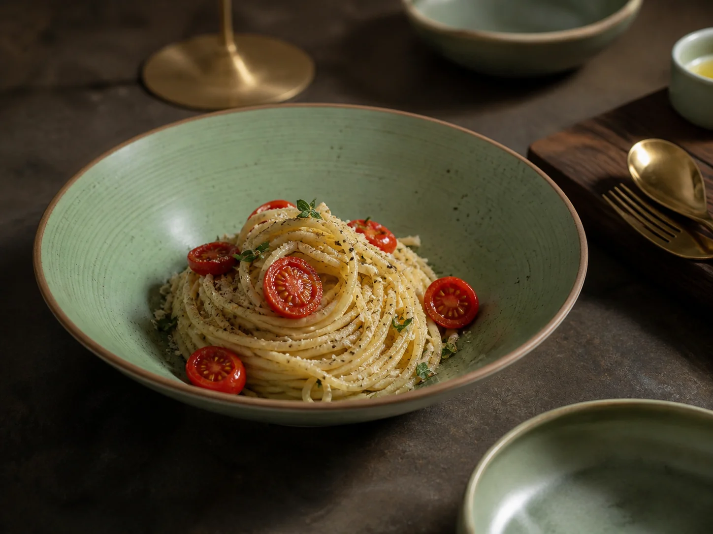 Sage green and cream tableware with plates and cups - restaurant table application
