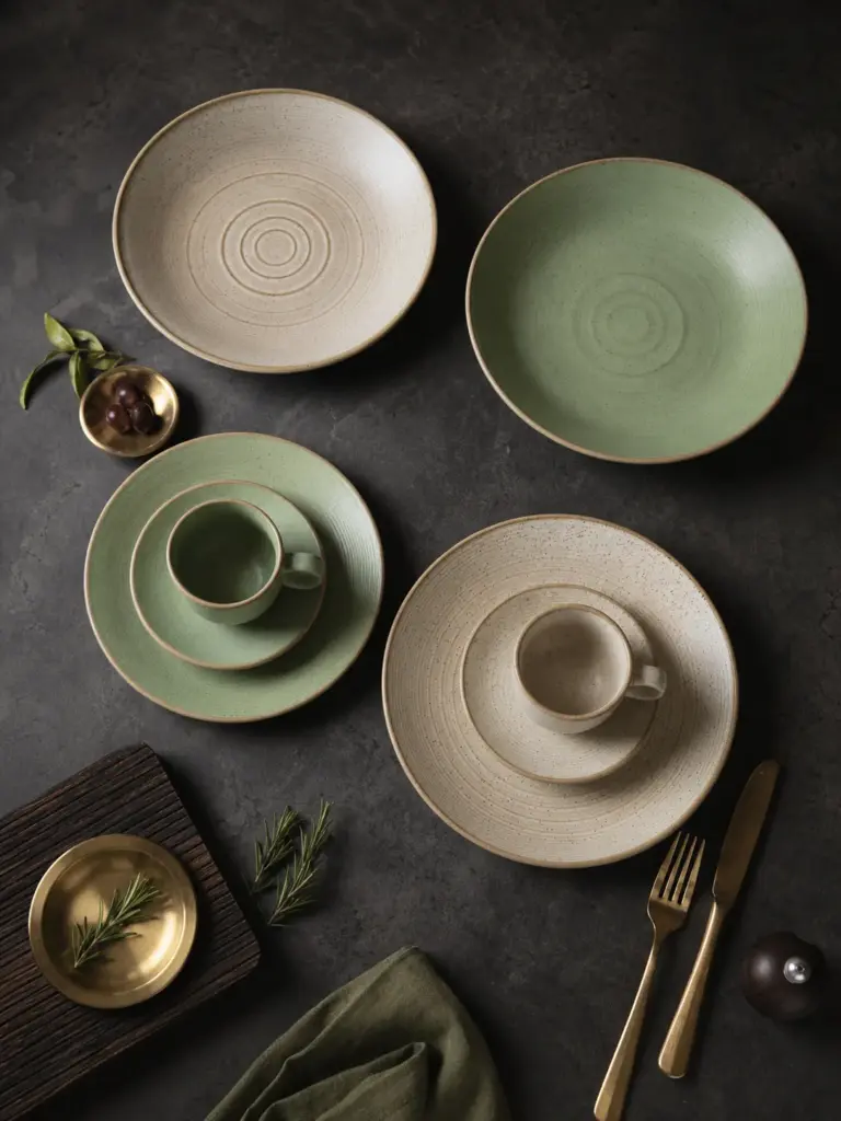 Sage green and cream tableware with plates and cups - full collection overview