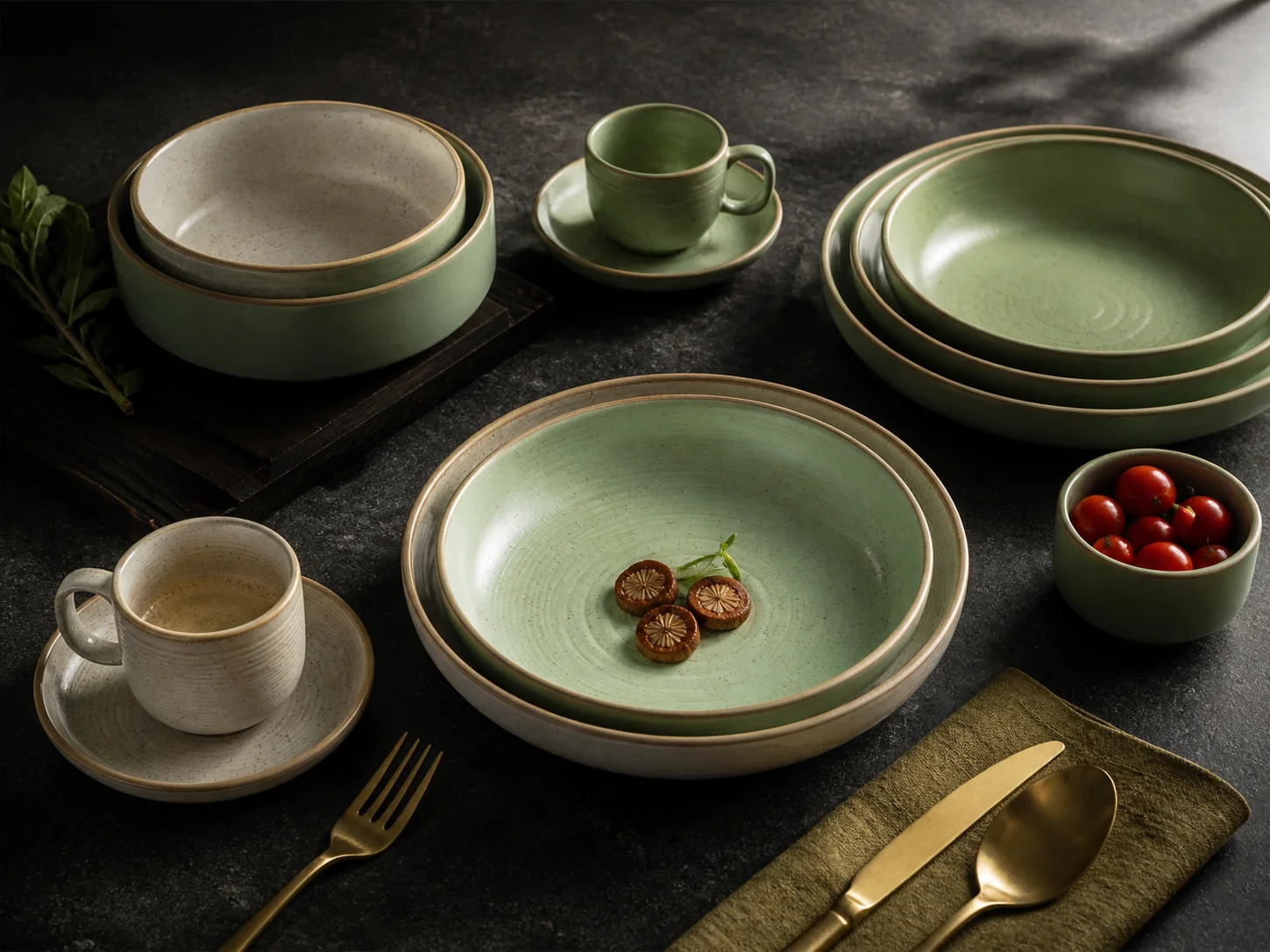 Sage green and cream tableware with plates and cups - styled table scene
