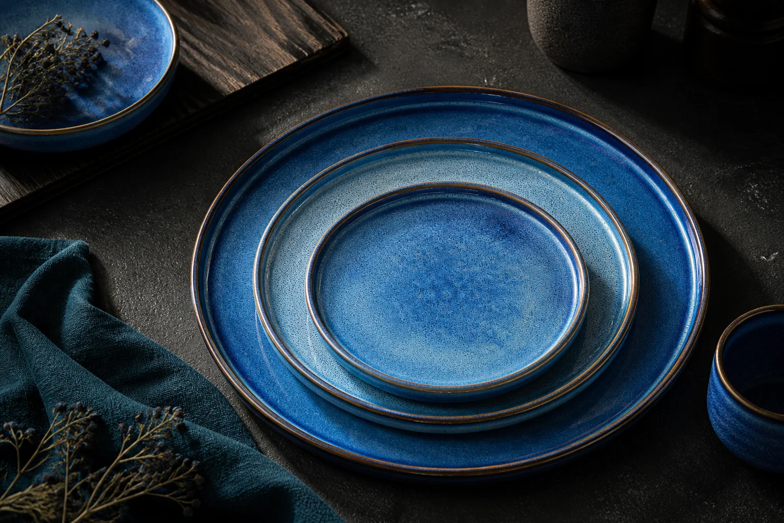 Blue and turquoise display plates with multi-tonal surface effects - styled table scene