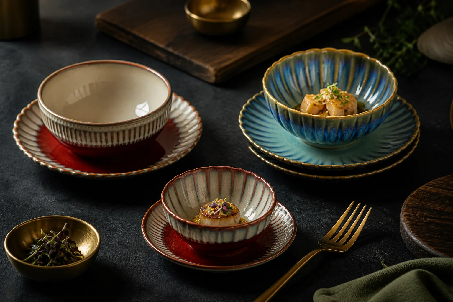 Ribbed cups and saucers in green and blue colouring - restaurant table application